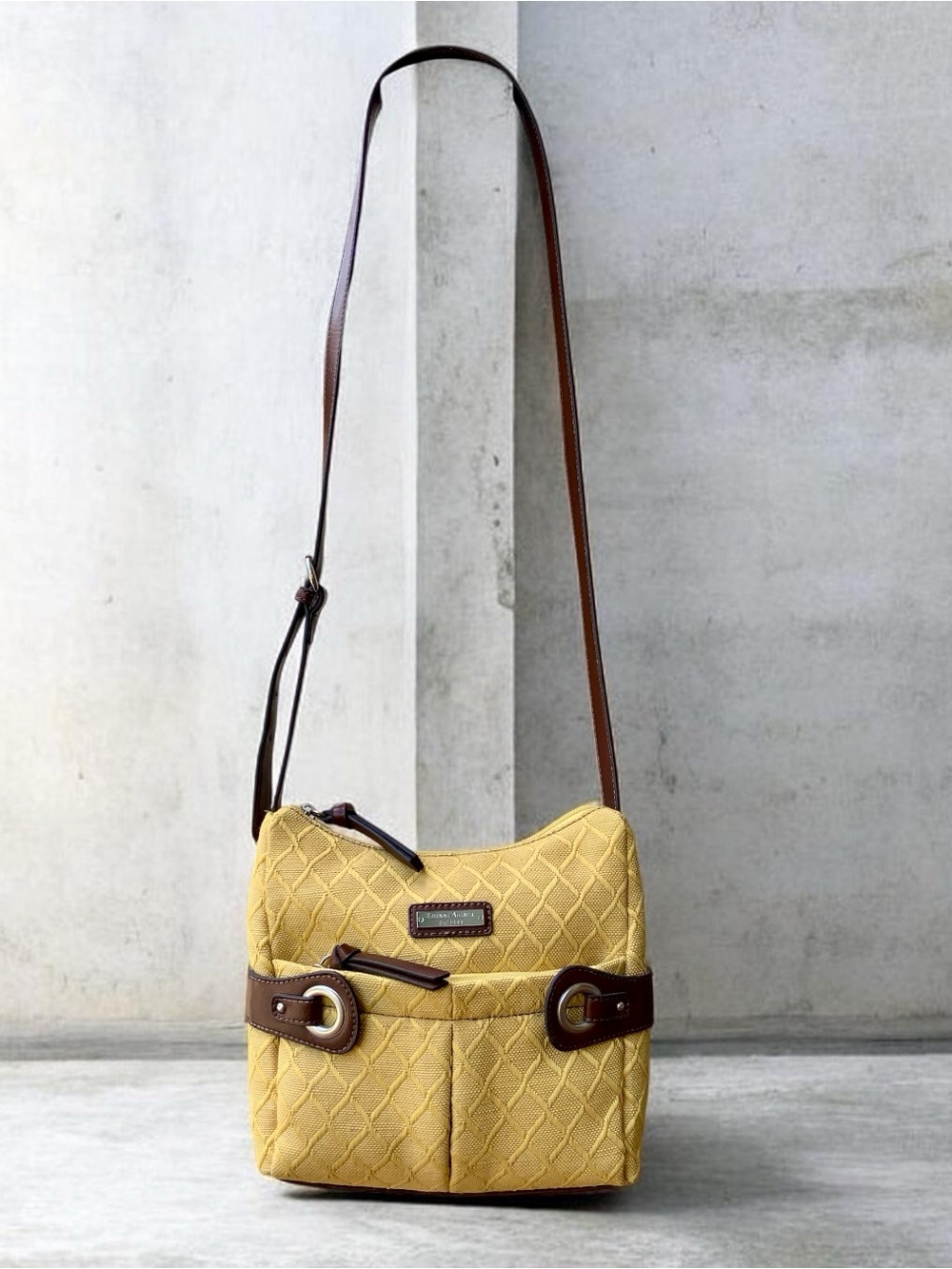 Etienne Aigner Mustard Yellow ShoulderCrossbody Bag with Brown Trim